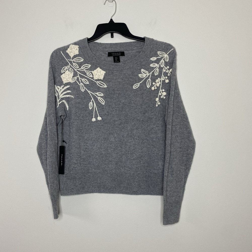 Tahari Sweater Womens Large Grayโ 100% 2-Ply Cashmere Floral Embroidered Knit